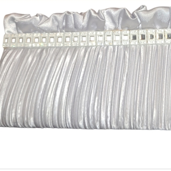 Silver Metallic Evening Clutch with Scrunched Pleated Fabric and Rhinestone Trim - Picture 2 of 10